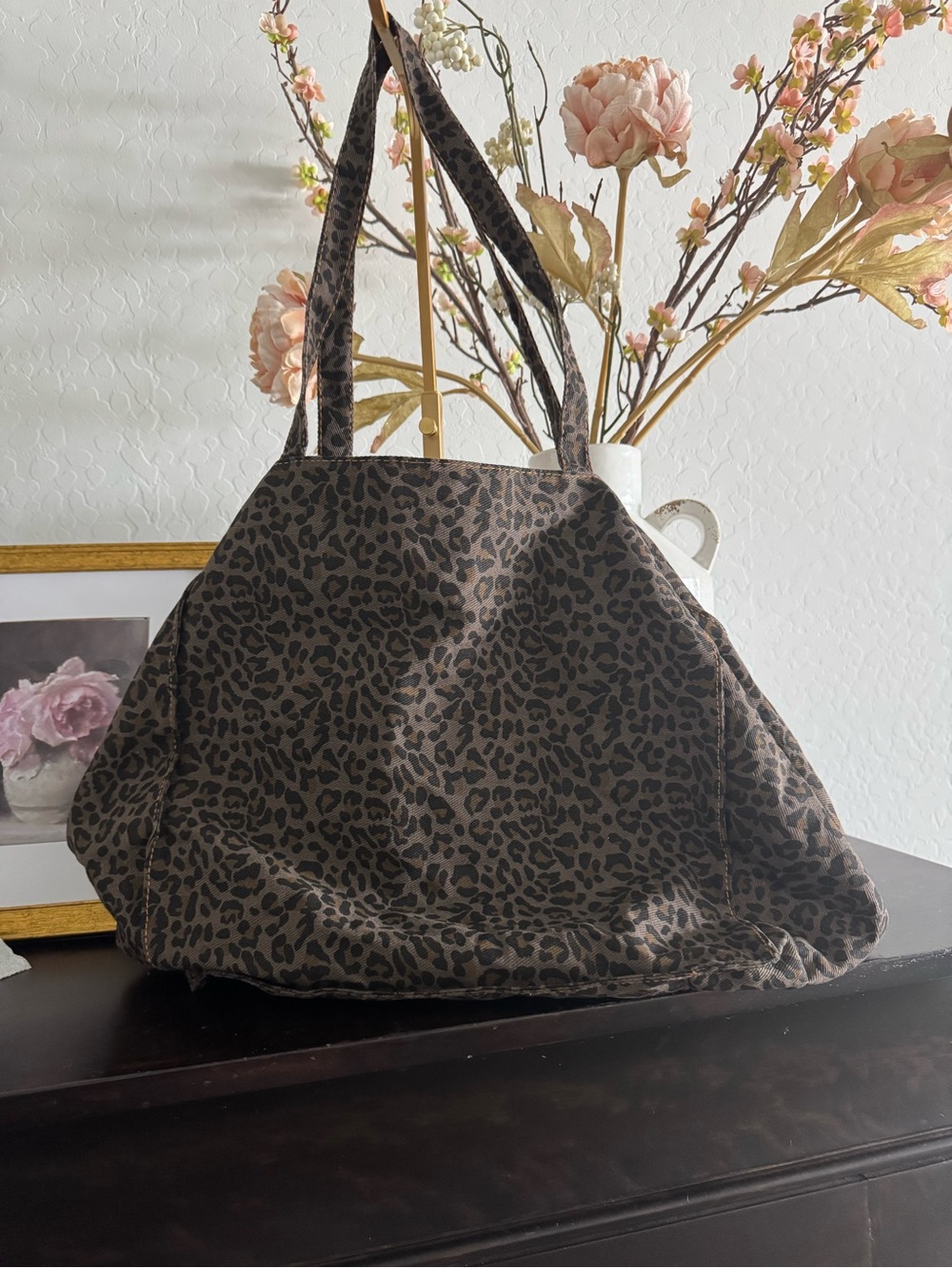 Leopard Print Canvas Tote Bag - Brown